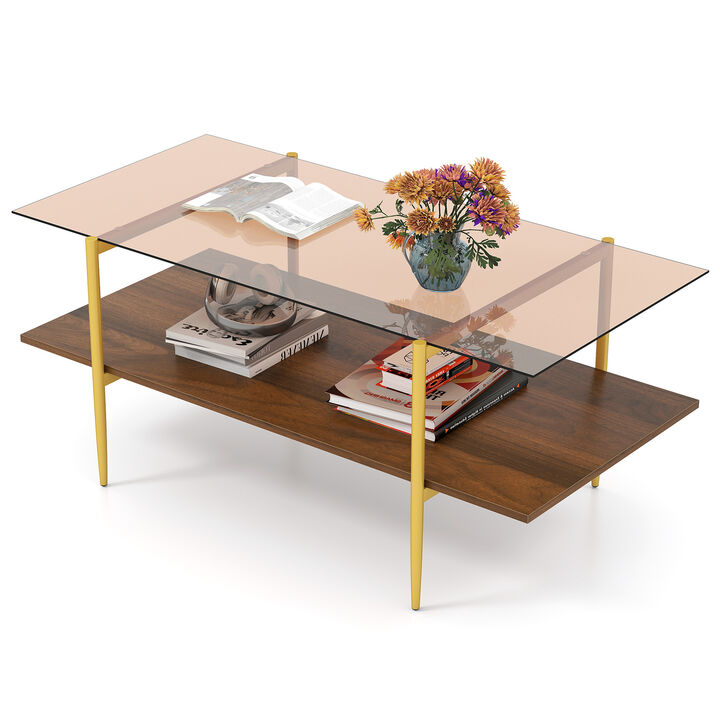 2-Level Glass Coffee Table with Durable Glass Top and Open Display Shelf