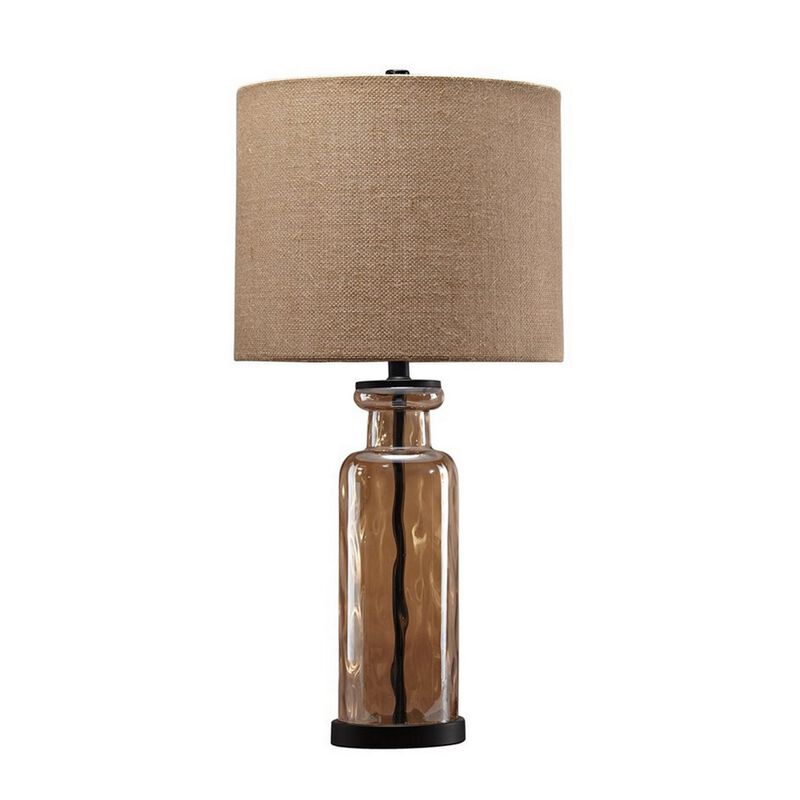 Glass Table Lamp with Fabric Drum Shade, Gold and Beige-Benzara