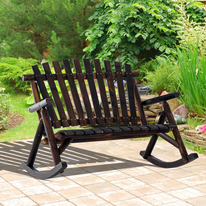 Carbonized Wooden Rocking Chair: Indoor Outdoor Porch Rocker with Slatted Design, High Back for Backyard, Garden