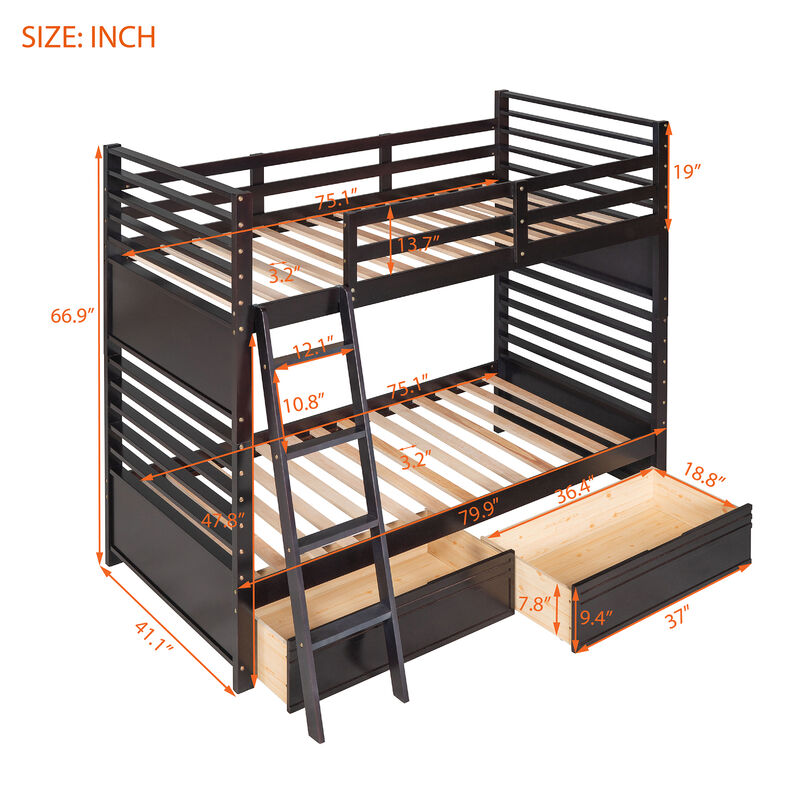 Merax Solid Wood Bunk Bed with Two Storage Drawers