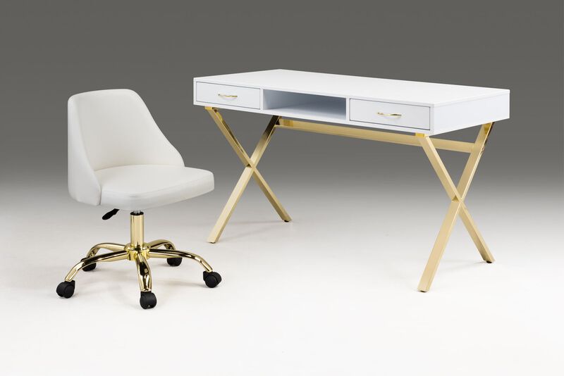 White top desk with two drawers/gold base