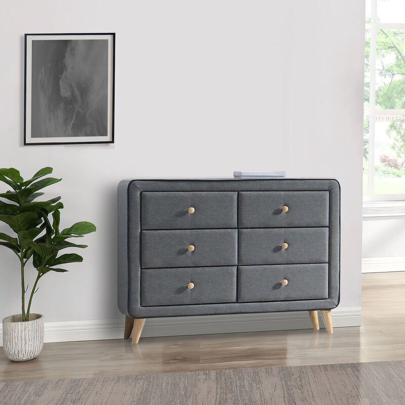 Transitional Style Wood and Fabric Upholstery Dresser with 6 Drawers, Gray-Benzara