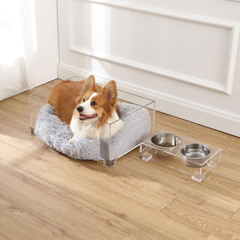 Billie Small Modern Lucite Calming Fluffy Pet Bed with Washable Cushion and 4" Elevated Pet Feeder with 27 oz 2-Stainless Steel Bowls (Set of 2)