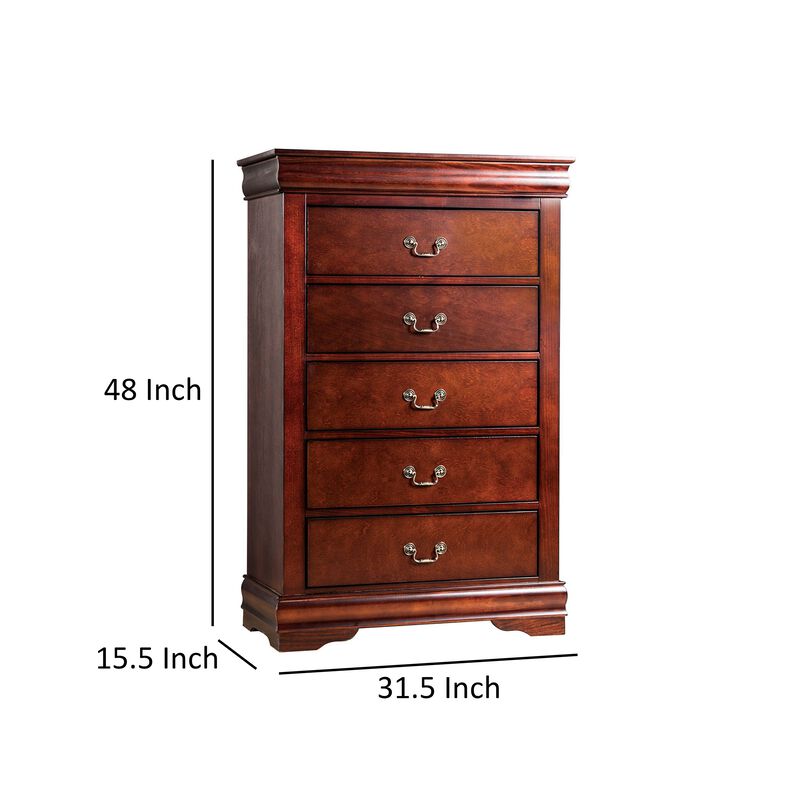 Ryla Tall Dresser Chest, 5 Drawers, Metal Handles, Cherry Brown Solid Wood