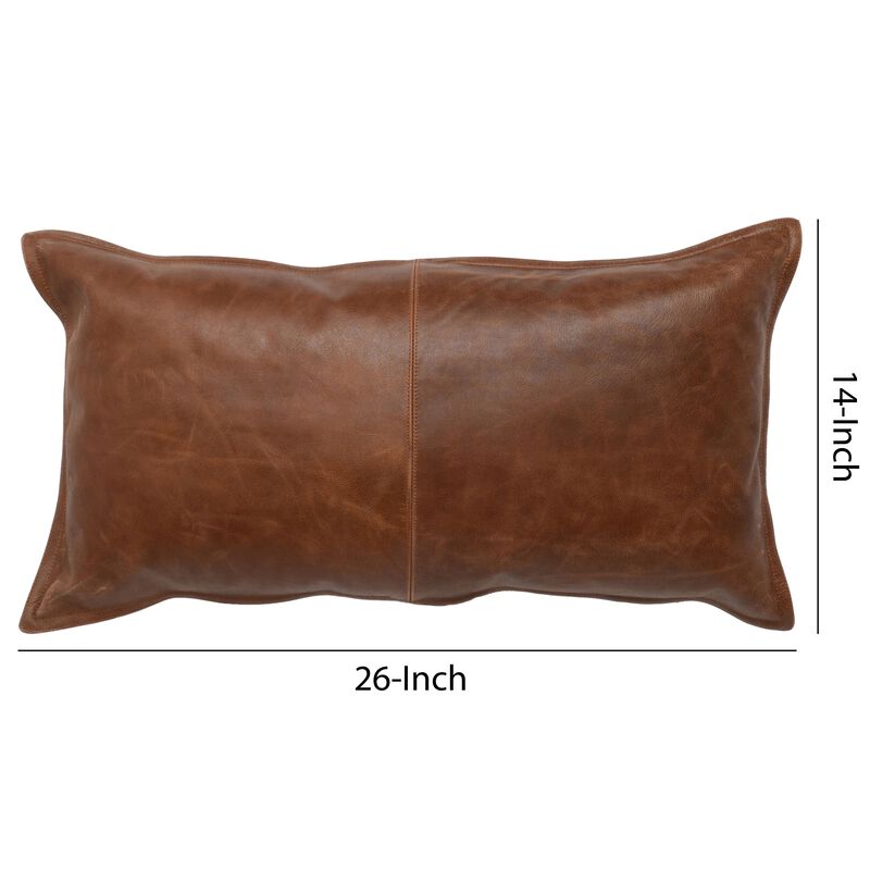 Leatherette Throw Pillow with Stitched Details and Flanged Edges, Brown-Benzara