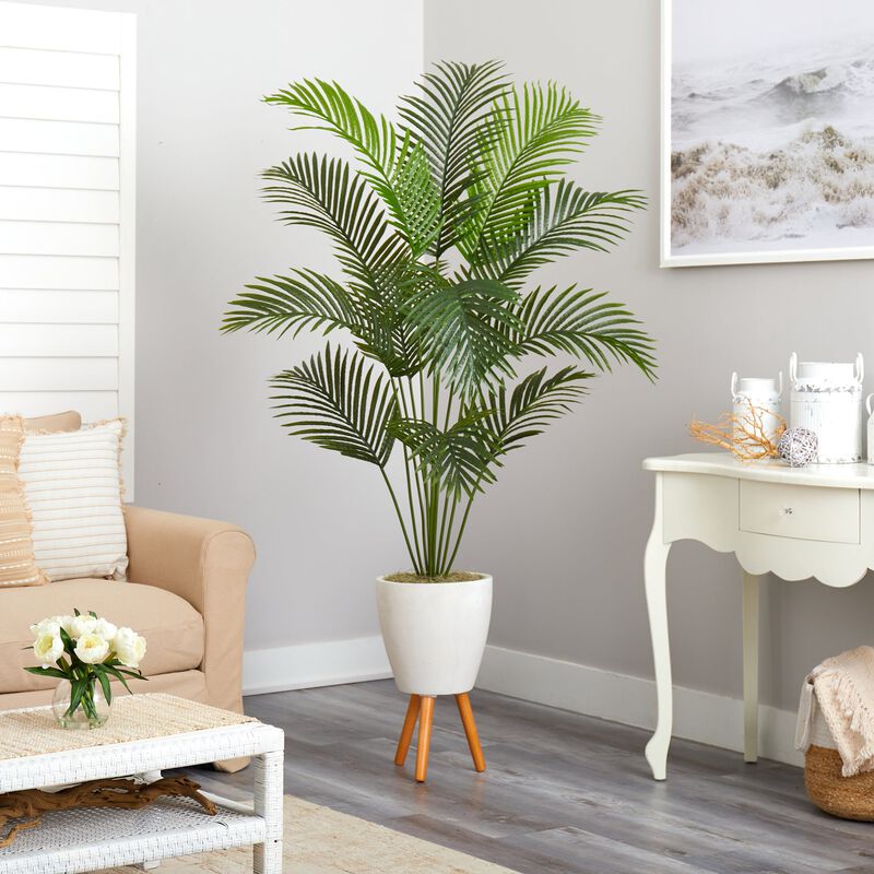 HomPlanti 6.5 Feet Golden Cane Artificial Palm Tree in White Planter with Stand