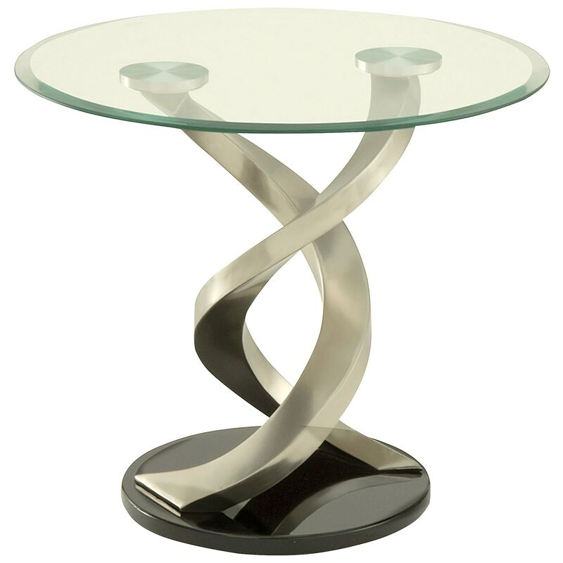 Modern Round Glass Top End Table with Twisted Metal Base, Silver and Black-Benzara