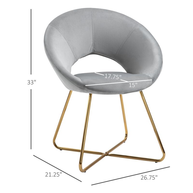 Modern Accent Velvet Chair Open Curved Mid-Back Upholstered Vanity Chair with Gold Plating Metal Legs for Living Room/Office/Reception, Grey