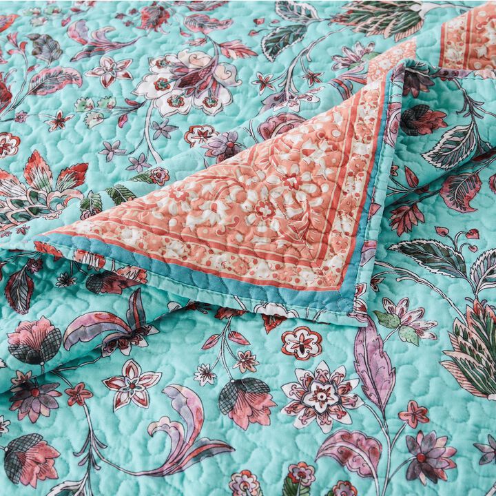 Dill 3pc Queen Bedspread Set, Bohemian Turquoise Floral Microfiber Cotton