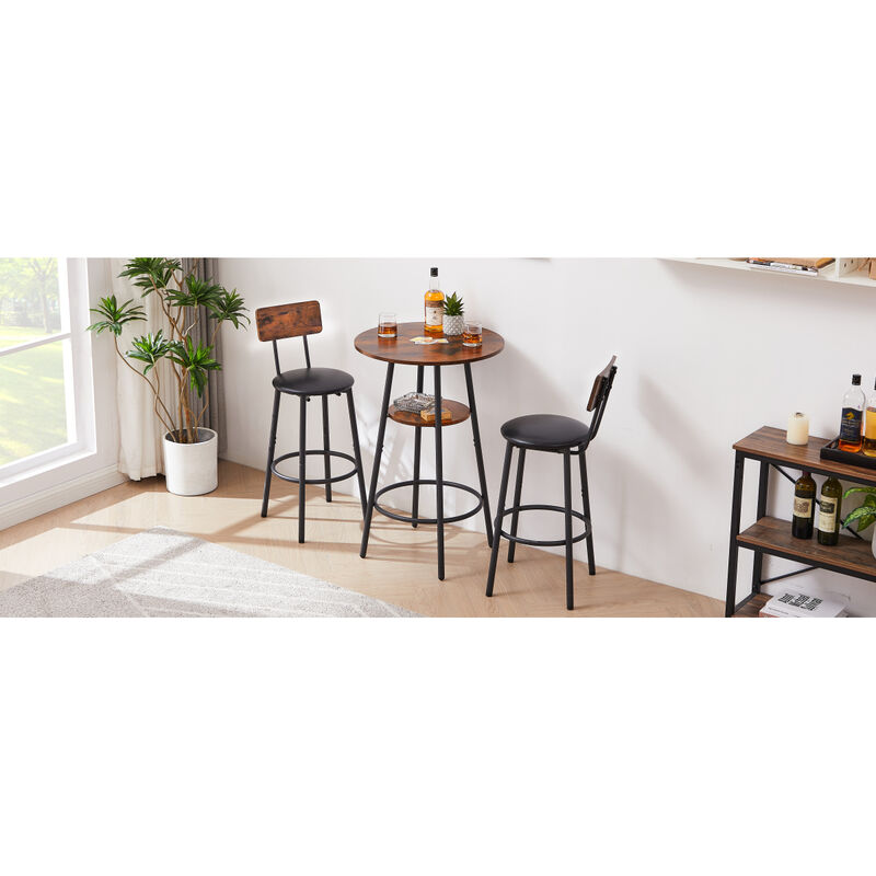 Round Barstool set with shelf, upholstered stool with backrest, Rustic Brown, 23.62" W x 23.62" D x 35.43" H