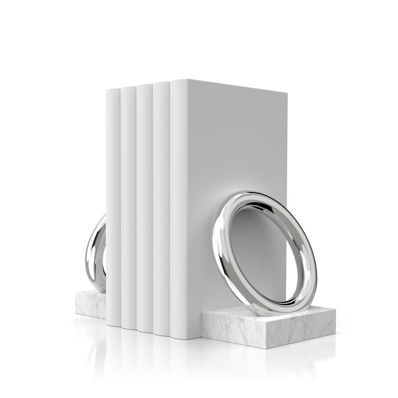 Ring Bookends,  Marble & Silver, Set of 2