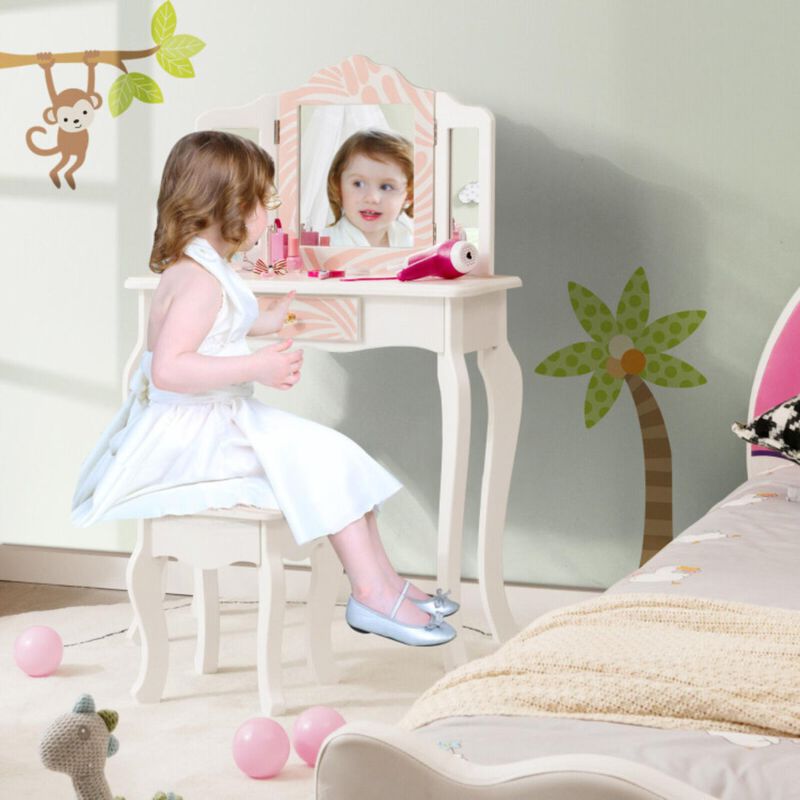 Hivvago 2-in-1 Kids Vanity Table Set with Tri-folding Mirror-Pink