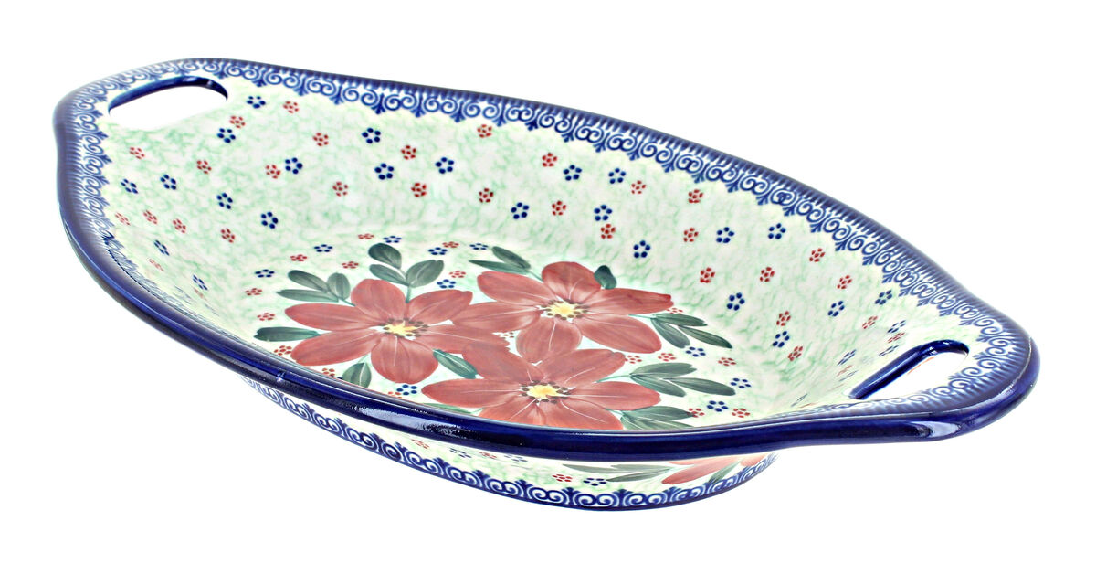 Blue Rose Polish Pottery Garden of Blue Bread Tray with Handles