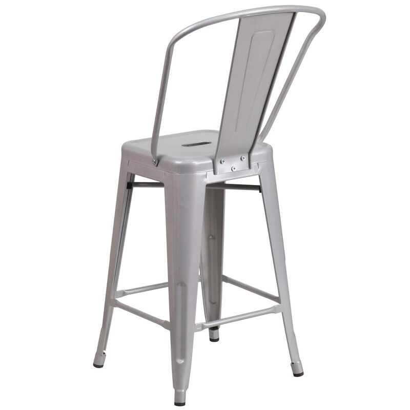 Flash Furniture Commercial Grade 24" High Silver Metal Indoor-Outdoor Counter Height Stool with Removable Back