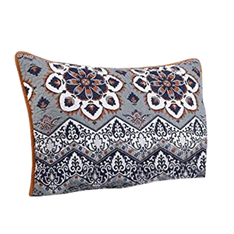 Damask Print Queen Quilt Set with Embroidered Pillows, Blue and Orange - Benzara