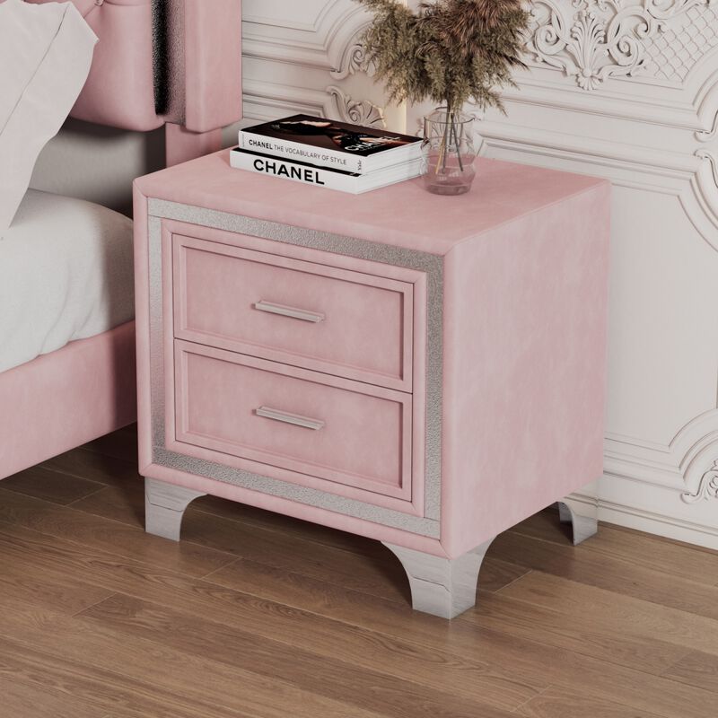 2Drawer Nightstand with Metal Legs for Bedroom, Mid Century Nightstand Fully Assembled Except Legs and Handles, Velvet Bedside Table Pink