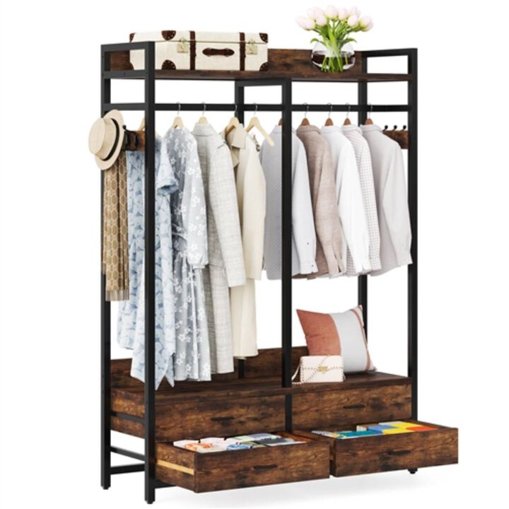 Hivvago Heavy Duty Brown Black Garment Rack Clothes Hanging Rod with 4 Storage Drawers