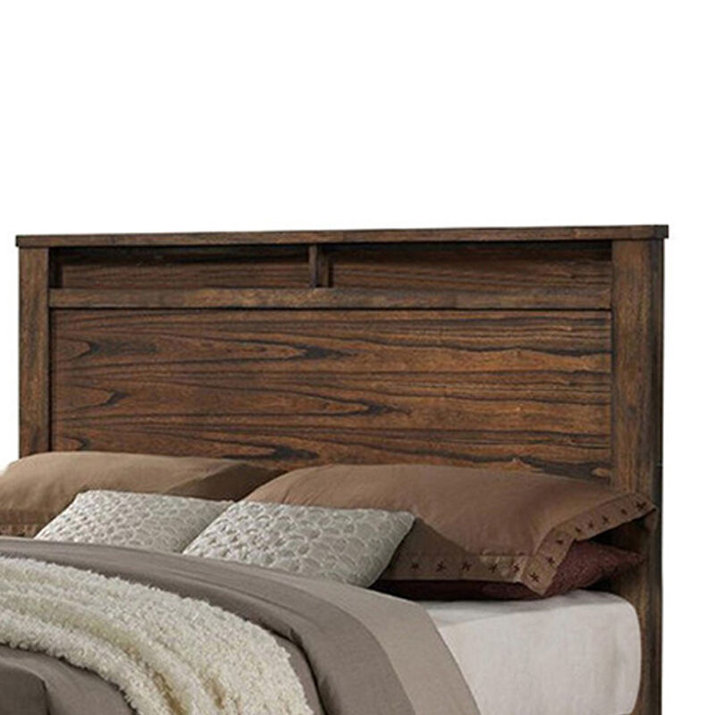 Enchanting Wooden Queen Bed With Display And Storage Drawers, Oak Finish-Benzara