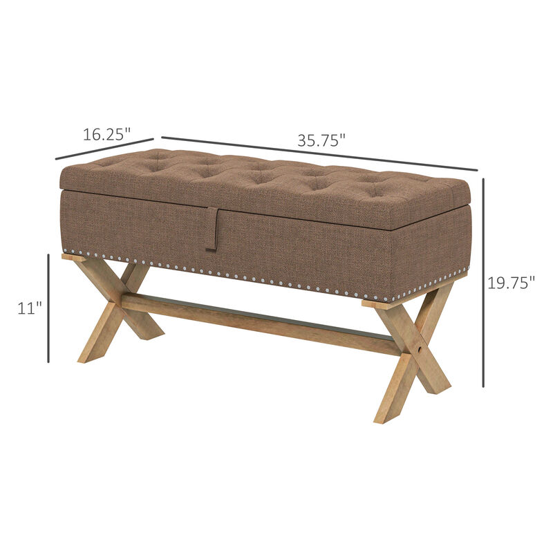 HOMCOM 35.75" End of Bed Bench with Button Tufted Design, Upholstered Ottoman Bench with Wood Legs for Bedroom, Brown