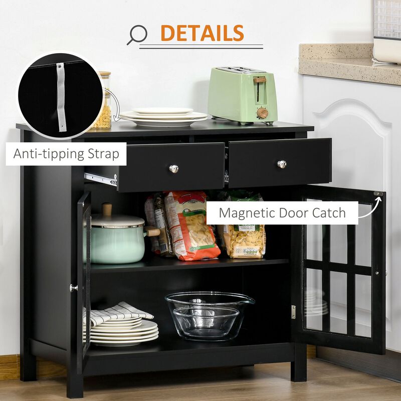 Sideboard Buffet Cabinet, Storage Cupboard with Glass Doors, Adjustable Shelf and 2 Drawers for Kitchen, Black