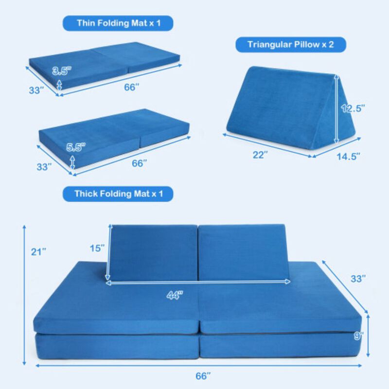 4-Piece Convertible Kids Couch Set with 2 Folding Mats