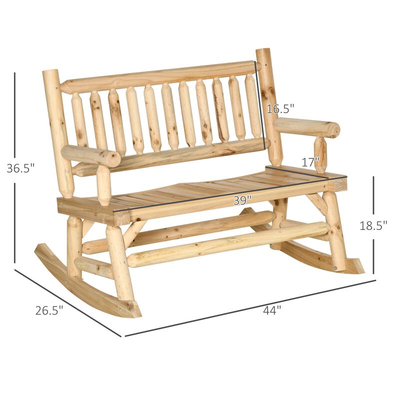 Natural Wood Rocking Chair with Log Design, Heavy Duty Loveseat, Wide Curved Seats for Patio, Backyard, Garden