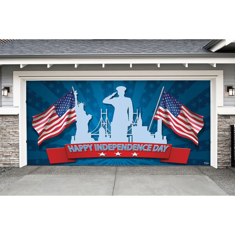 7' x 16' Red and Blue Happy Independence Day Patriotic Single Car Garage Door Banner