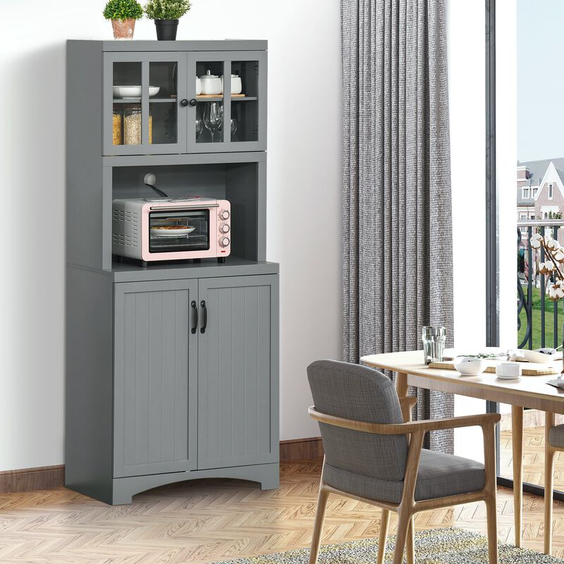 Freestanding Kitchen Pantry Cabinet, Tall Kitchen Storage Cabinet with Glass Framed Door and Microwave Space, Accent Kitchen Pantry, Grey