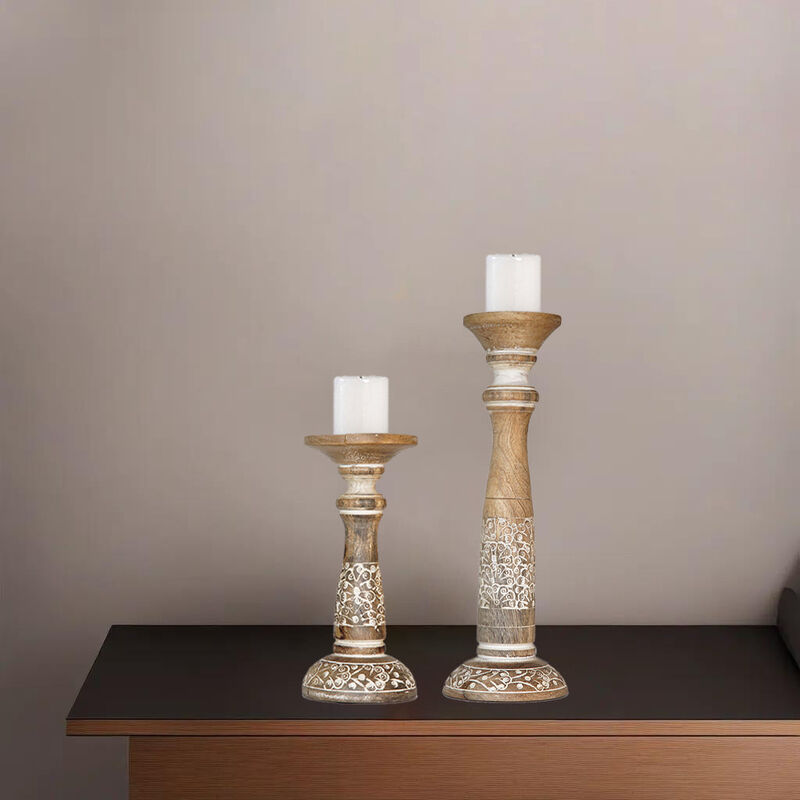 Traditional White Wash Eco-friendly Handmade Mango Wood Set Of Two 9" & 15" Pillar Candle Holder