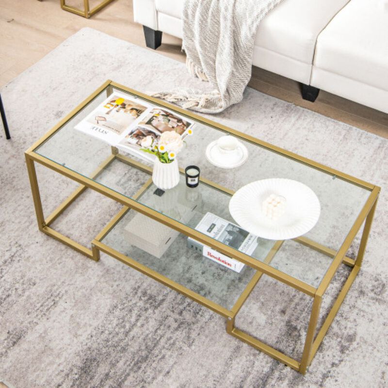 Modern 2-Tier Rectangular Coffee Table with Glass Table Top-Golden