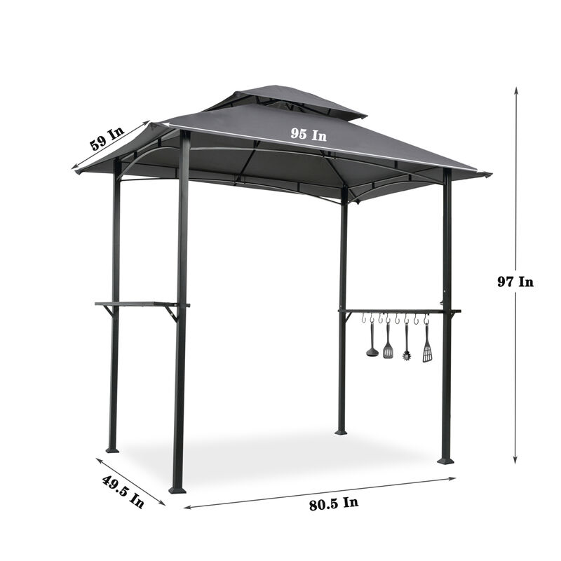 Outdoor Grill Gazebo 8 x 5 Ft, Shelter Tent, Double Tier Soft Top Canopy and Steel Frame with hook and Bar Counters, Grey