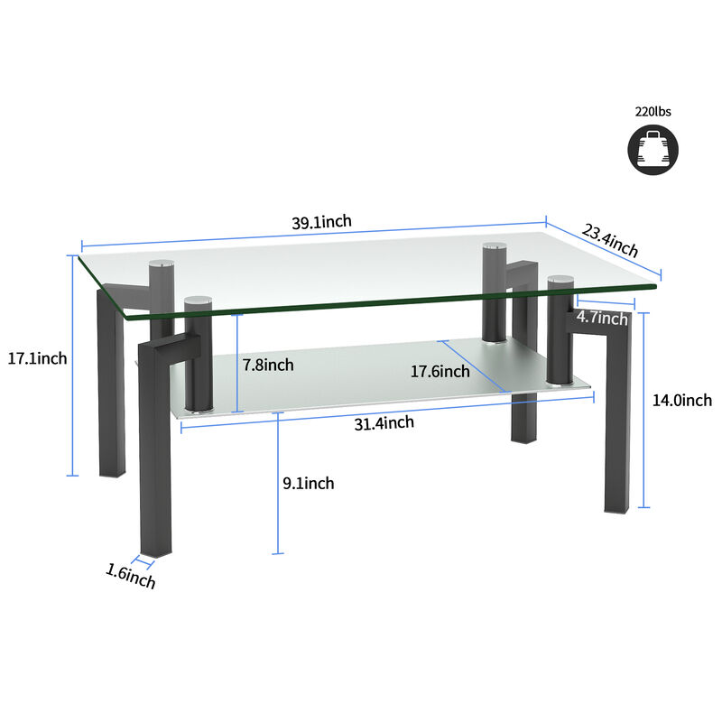 Hivvago Rectangular Double Layer Tempered Glass Coffee Table with Metal Legs