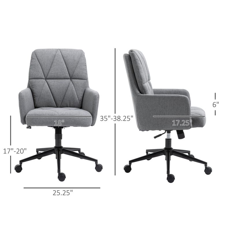 Grey Leisure Office Chair Linen Fabric Swivel Computer Home Study Bedroom with Wheels