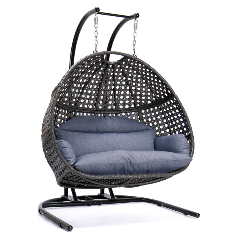 Charcoal Wicker Hanging Double-Seat Swing Chair with Stand w/Dust Blue Cushion