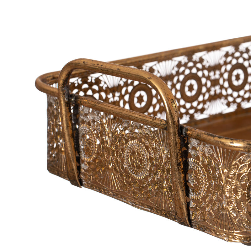 Metal Gold Rectangular Serving Tray with Oval Design and Handles, Medium