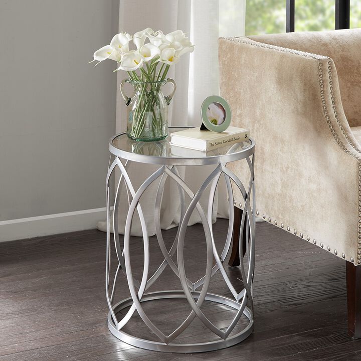 Gracie Mills Chavez Geometric Glass Top with Metal Eyelet Accent Table