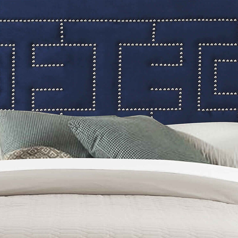 Fabric Eastern King Bed with Geometric Pattern Nailhead Trims, Blue-Benzara