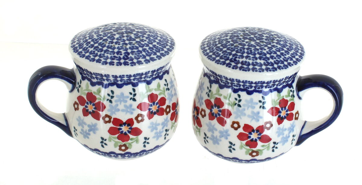 Blue Rose Polish Pottery Garden Bouquet Salt & Pepper Shakers with Handles