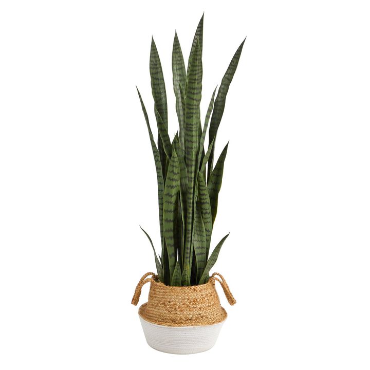 Nearly Natural 46-in Sansevieria Plant in Cotton & Jute White Woven Planter