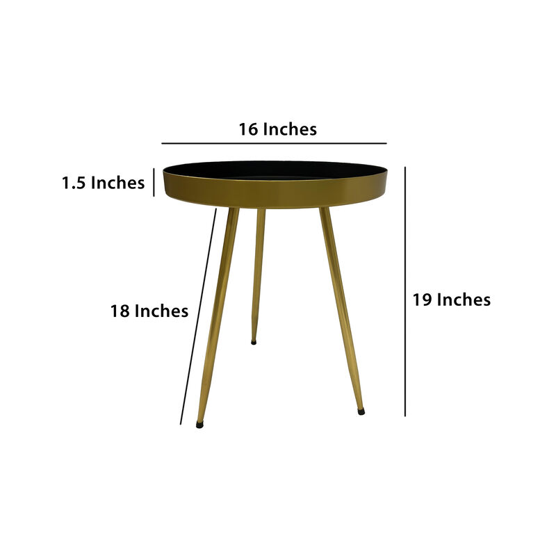 Enid 19 Inch Side End Table, Iron Brass Plating, Black Matte Top, Modern Sleek Angled Legs