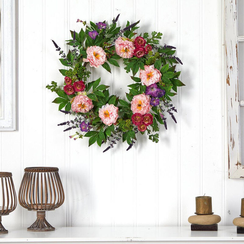 Nearly Natural 22-in Assorted Peony Artificial Wreath