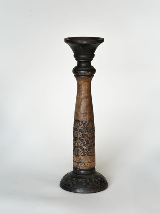 Traditional Black Wash Eco-friendly Handmade Mango Wood Set Of One 15" Pillar Candle Holder