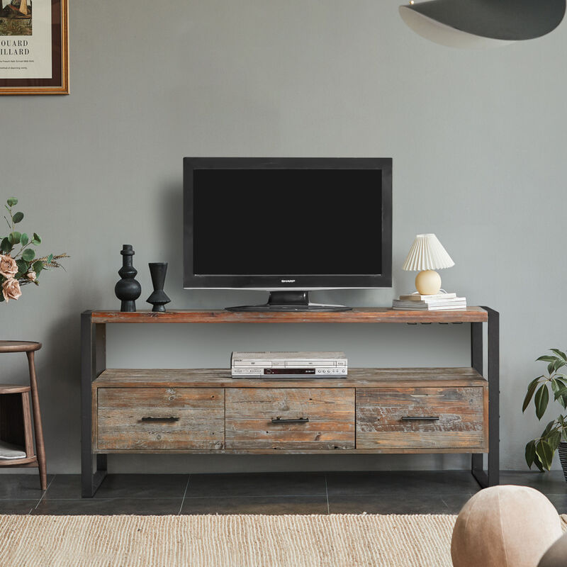 60 inch Reclaimed wood Media TV Console table with 3 Drawer, Open Shelf, finish