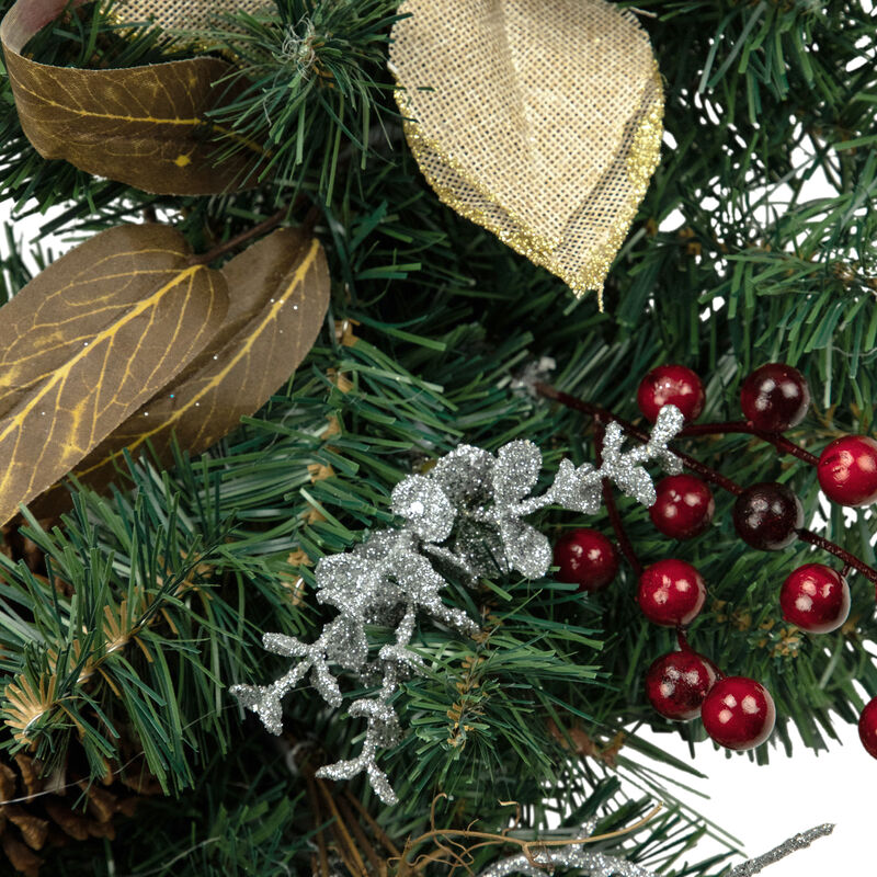 28" Mixed Pine Berry and Poinsettia Artificial Christmas Teardrop Swag - Unlit