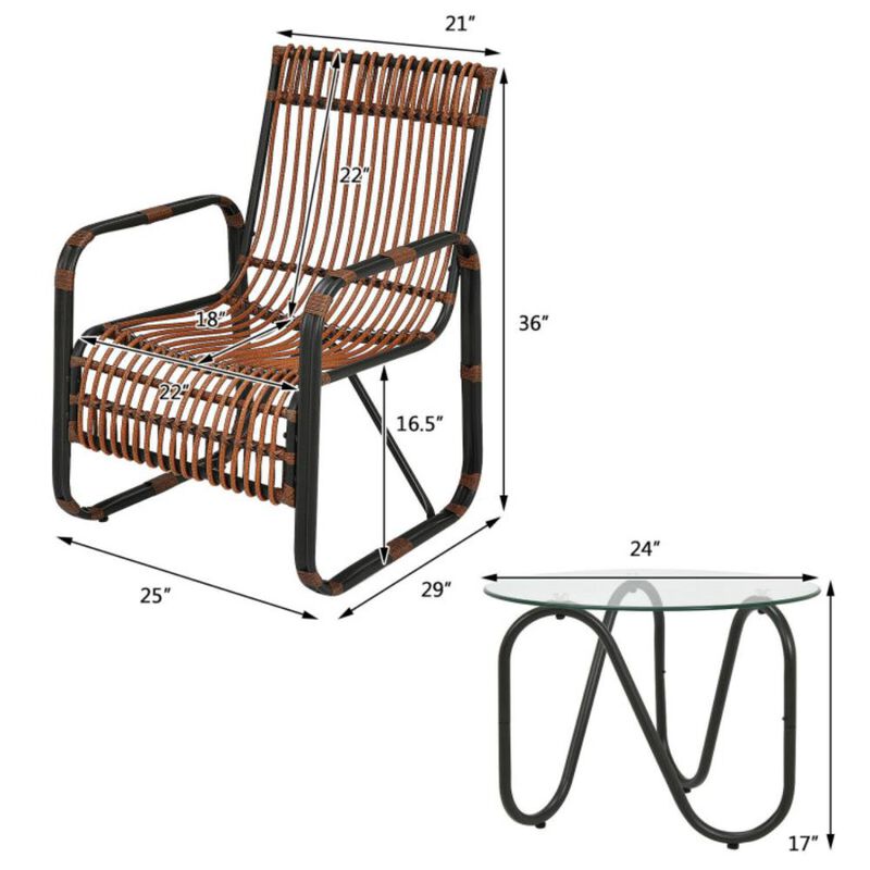 Hivvago 3 Pieces Patio Rattan Furniture Set with 2 Single Wicker Chairs and Glass Side Table