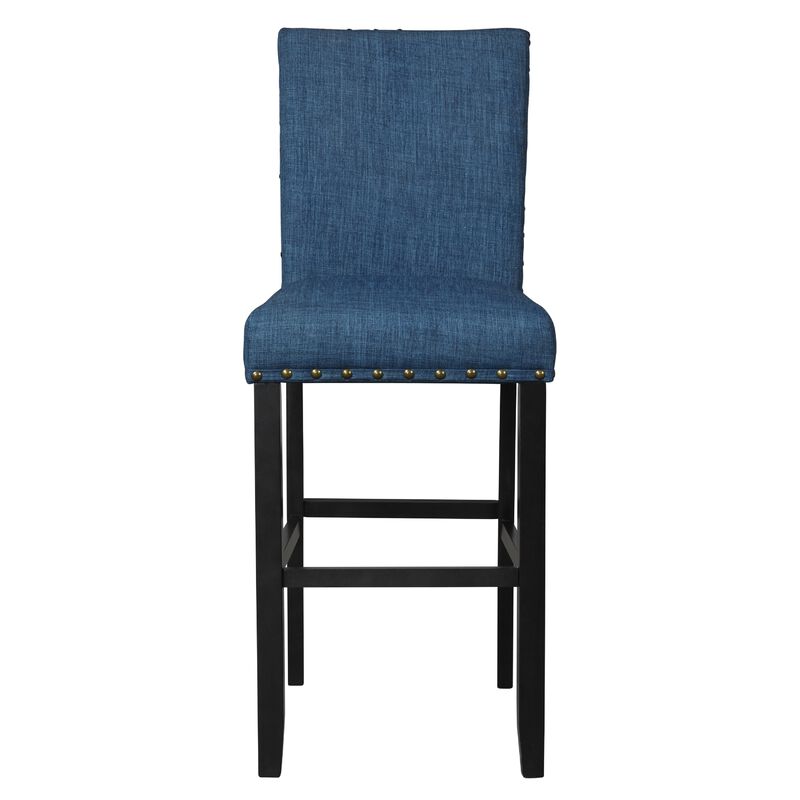 Bar Chair with Fabric Seat and Nailhead Trim, Set of 2, Blue-Benzara