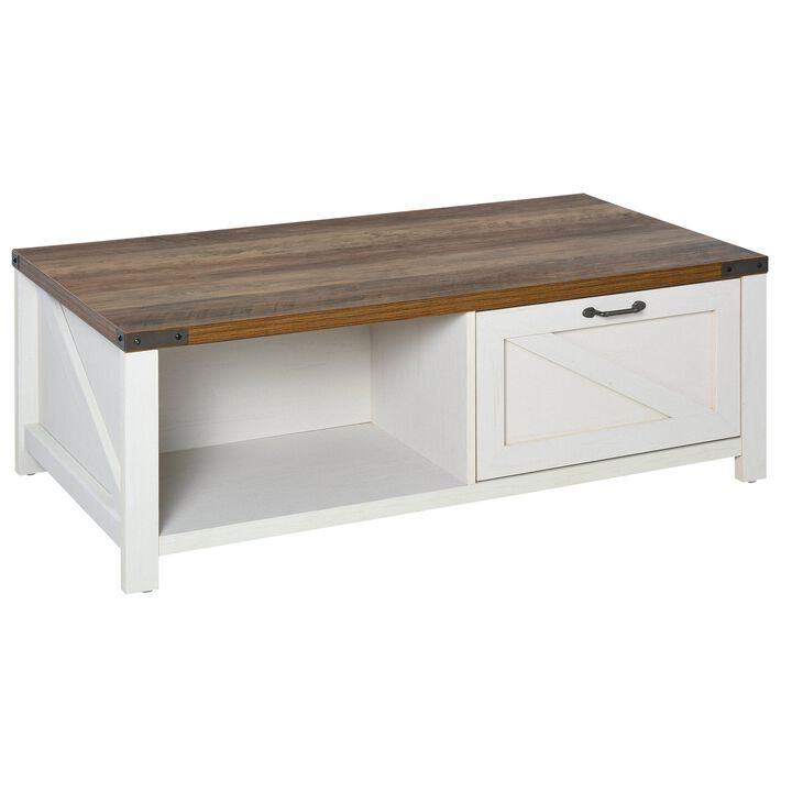 Farmhouse Coffee Table with Drawer and Storage Open Shelf for Living Room, White Oak