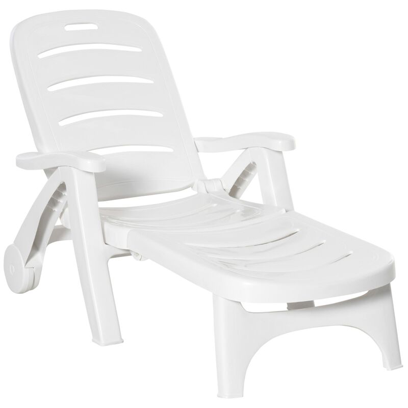 White Outdoor Recliner: 5-Position Folding Chaise Lounge with Wheels