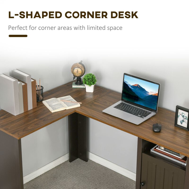 Coffee/Walnut L-Shaped Computer Desk: with Open Shelf and Storage Cabinet, Corner Writing Desk with Adjustable Shelf