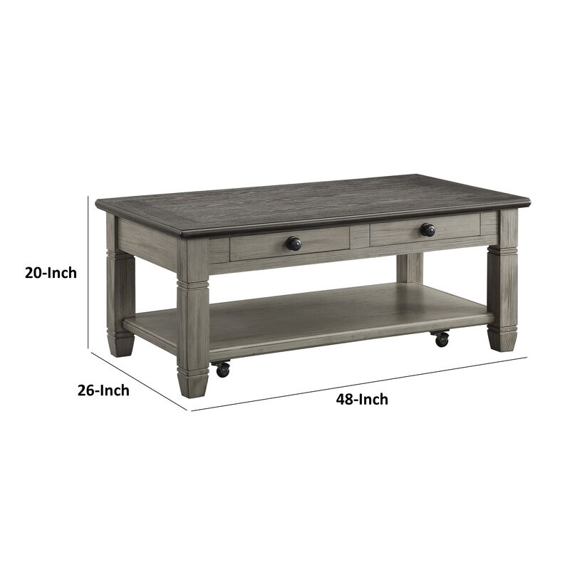 Rome 48 Inch Cocktail Table, 2 Drawers, Casters, Brown and Gray Solid Wood - Benzara